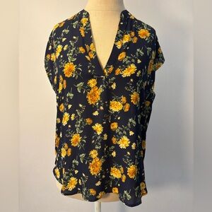 Navy Blue Blouse with Yellow Gold Floral Pattern